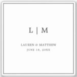 Pegatina Boda elegante de monograma blanco y negro Lauren<br><div class="desc">Simple pegatina de vinilo boda blanco y negro con un diseño moderno y elegante con su monograma de dos letras junto con sus nombres y fecha boda rodeados de un borde delgado. Una moda y un diseño de diseño,  ideal para una pareja minimalista.</div>