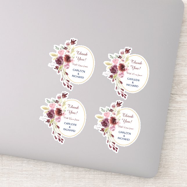 Pegatina Boda floral de la Marina Borgoña Gracias Contour (Detalle)