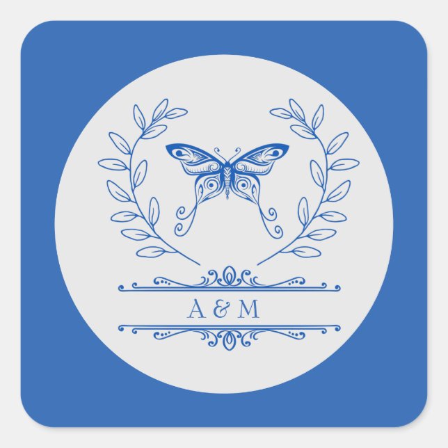 Pegatina Boda monogramada de mariposa azul (Anverso)