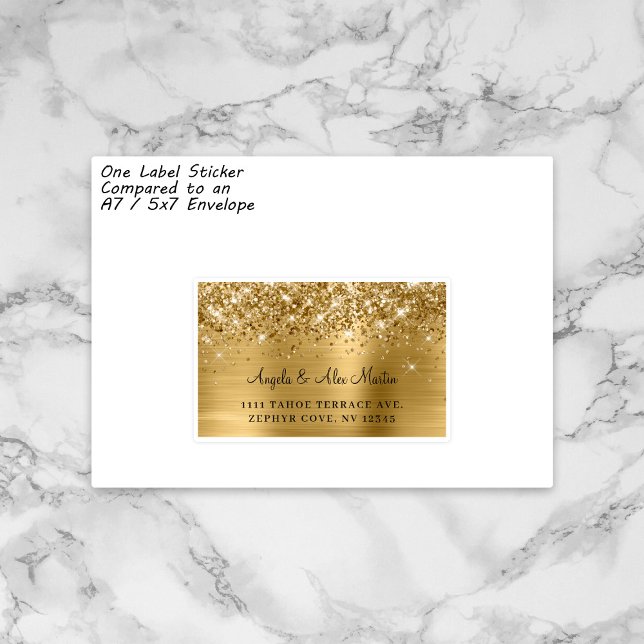 Pegatina Boda Purpurinoso de Relieve metalizado dorado 15 E (One custom individualized label on a typical A7 or 5x7 invitation envelope.)