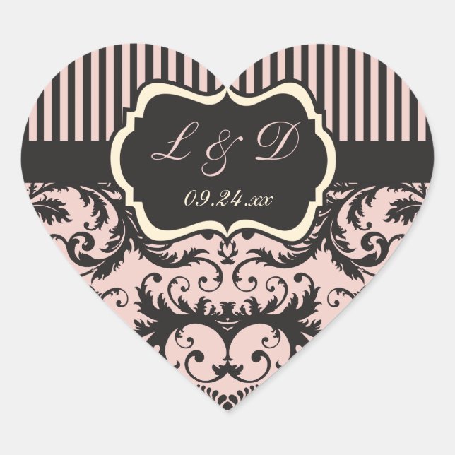 Pegatina Boda Rubor Pink, Cream, Gray Monogram (Anverso)