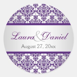 Pegatina Boda Silver y Purple Damask de 1,5"