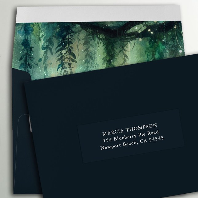 Pegatina Bodas forestales encantados invitados a abordar et (enchanted forest gold vines wedding guest address custom label emerald green magical garden)