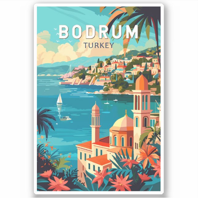 Pegatina Bodrum Turkey Travel Art Vintage (Anverso)