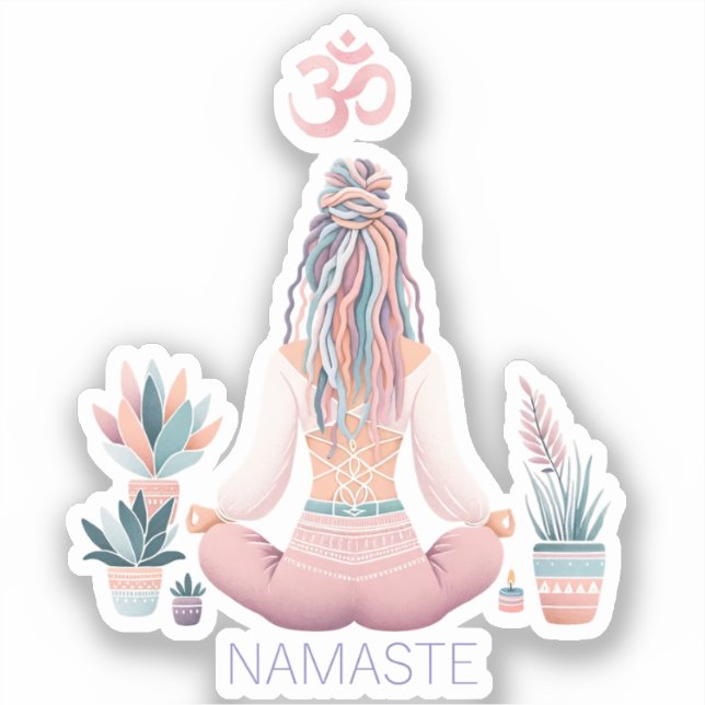 Pegatina Boho Design- Frau mit Dreadlocks- Meditation- OM (Anverso)
