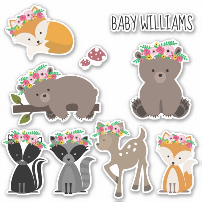 Pegatina Boho Floral Woodland Animales Baby (Anverso)