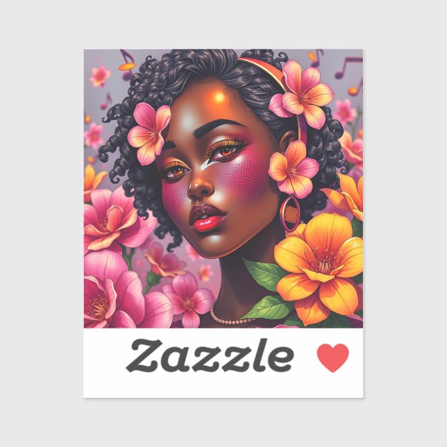 Pegatina Bonito Lady of Color Pink Flowers Notas musicales (Hoja)