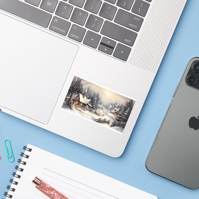 Pegatina Bonito pueblo en la noche de los Navidades (Ordenado portátil con iPhone)