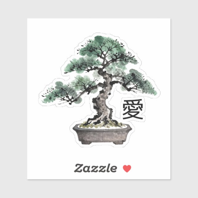 Pegatina Bonsai Tree Sumi-e Style Japanese Love Calligraphy (Hoja)