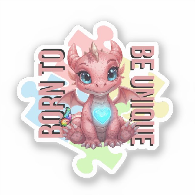 Pegatina Born to Be Unique Cute Pink Dragon– Inspirational  (Anverso)