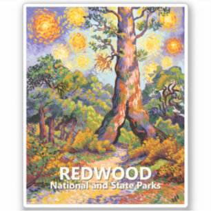 Pegatina Bosque de secoya rojo retro Van Gogh colorido desi