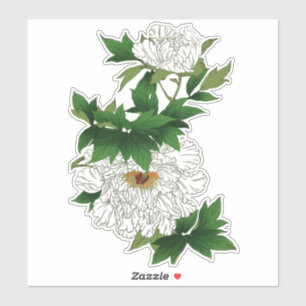 Pegatina Bosquejo japonés del vintage del Peony blanco