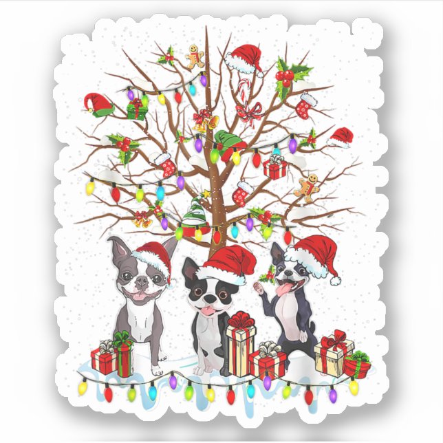 Pegatina Boston Terrier Christmas Tree Funny Xmas Boston Te (Anverso)