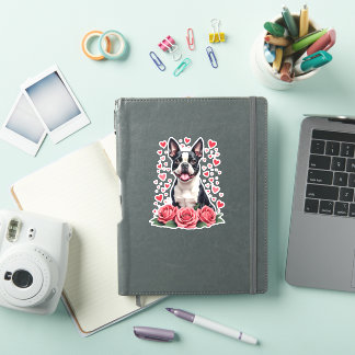 Pegatina Boston Terrier con Corazones de Rosas Rojas Camise