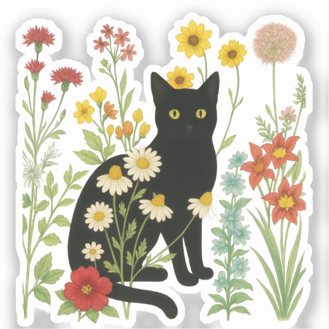 Pegatina  Botanical Nature – Black Cat in Wildflower Garden (Anverso)