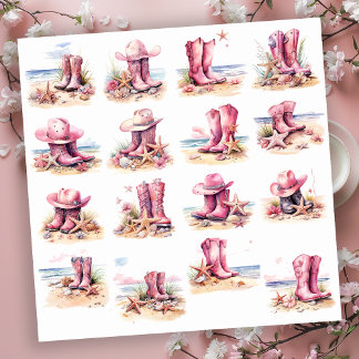 Pegatina Botas de vaquera rosadas en una playa