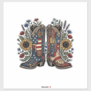 Pegatina Botas de vaquero patrióticas camisa floral de gira