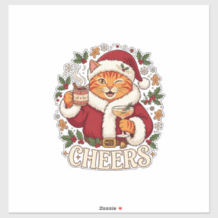 Pegatina Brindis Navidad Naranja Gato Santa Sombrero Bebida