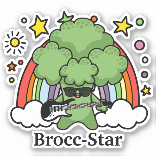 Pegatina Brócoli tocando la guitarra, Brocc Star y Arcoíris (Anverso)