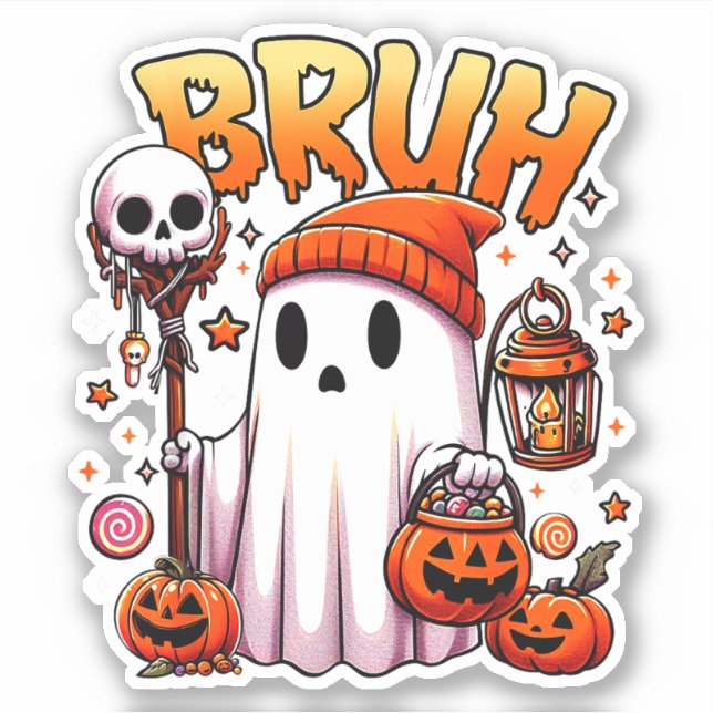 Pegatina Bruh Ghost Halloween Trick O Trato De Fantasma Cut (Anverso)