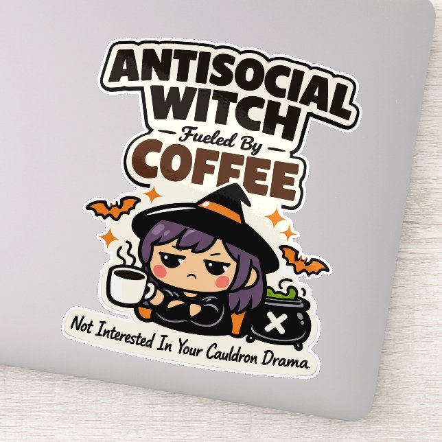 Pegatina Bruja Antisocial Café Halloween (Detalle)