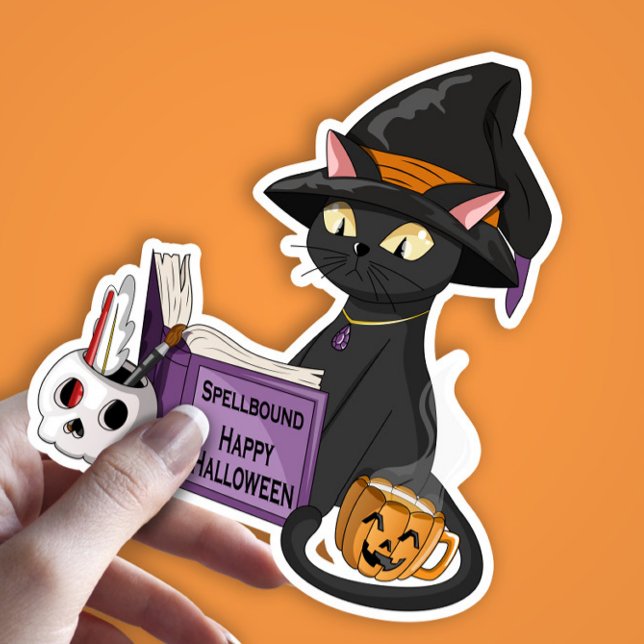 Pegatina Bruja de gato negro lindo leyendo libro de deletre (Subido por el creador)