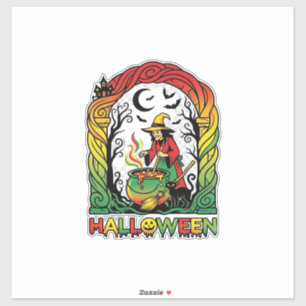 Pegatina Bruja de Halloween Caldero Elaboración Gato Negro