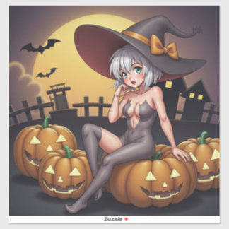 Pegatina Bruja de Halloween con Ojo Verde en Jack-O-Lantern