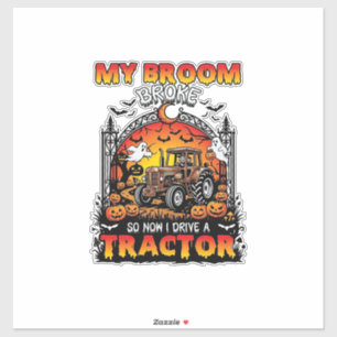 Pegatina Bruja de Halloween con Tractor Roto Escoba_1