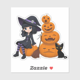 Pegatina Bruja de Halloween, gato negro y calabazas