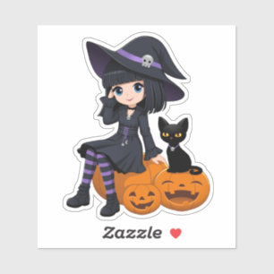 Pegatina Bruja de Halloween, gato negro y calabazas curvas