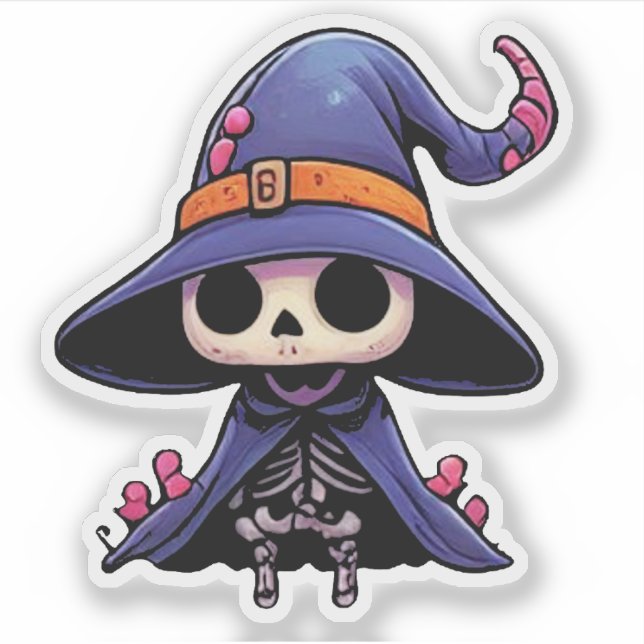 Pegatina Bruja Esqueleto Adorable - Halloween Kawaii (Anverso)