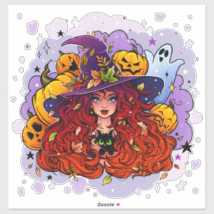 Pegatina Bruja, fantasma, calabazas y un gato negro