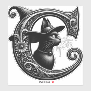 Pegatina Bruja Gato Negro Carta C Inicial Personalizada