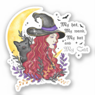 Pegatina Bruja, gato negro y luna creciente