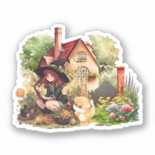 Pegatina Bruja Pequeña y Zorro Lindo   Sticker