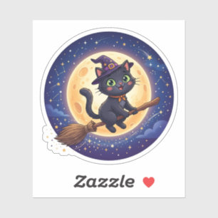 Pegatina Bruja Voladora Adorable Gato Negro Luna Halloween 