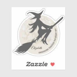 Pegatina bruja volando sobre una escoba