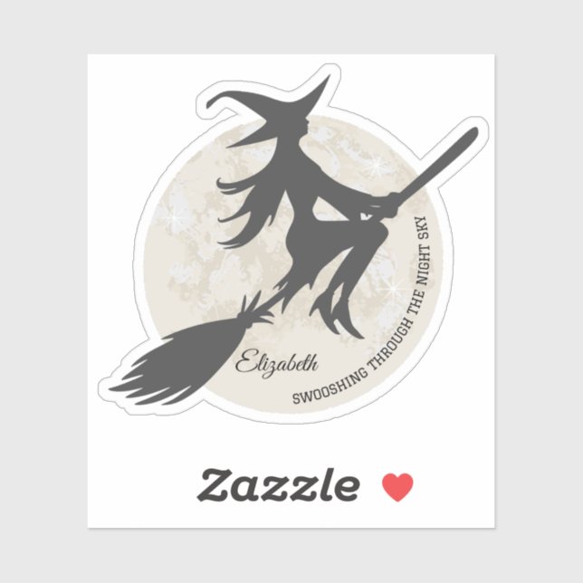 Pegatina bruja volando sobre una escoba (Hoja)