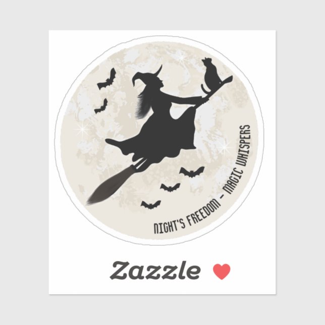 Pegatina bruja y gato volando en una escoba (Hoja)