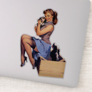 Pegatina Brunette de arte retro Chica de plumas con perros 