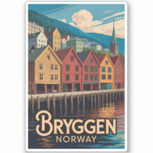 Pegatina Bryggen Noruega Ilustración Arte de viaje Bergen