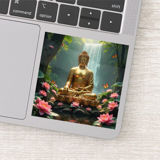 Pegatina Buda tranquilo, cascada, mariposas, Lotus (Detalle)
