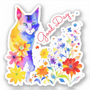 Pegatina Buen Día   Gato y Flores en Acuarela 