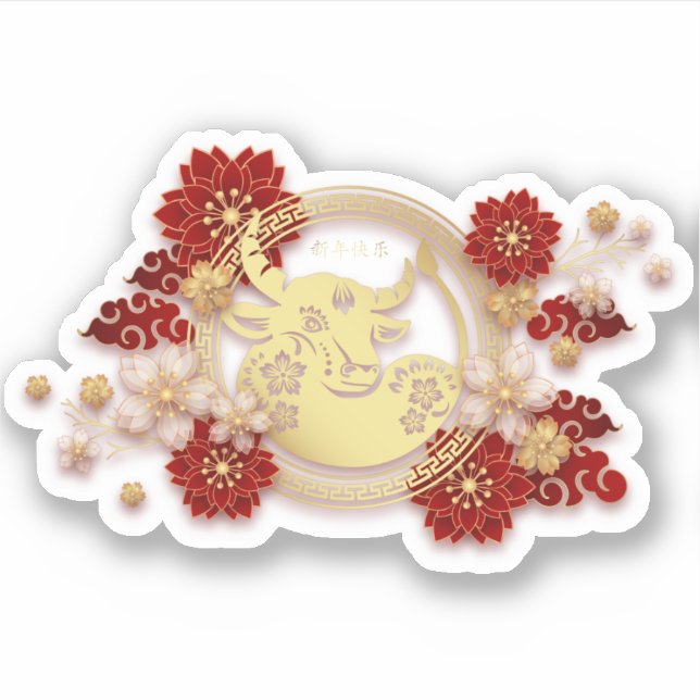 Pegatina Buey dorado Feliz Año Nuevo Chino (Anverso)