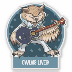 Pegatina Búho Adorable Owlvis Vive! Cantante Con Guitarra D