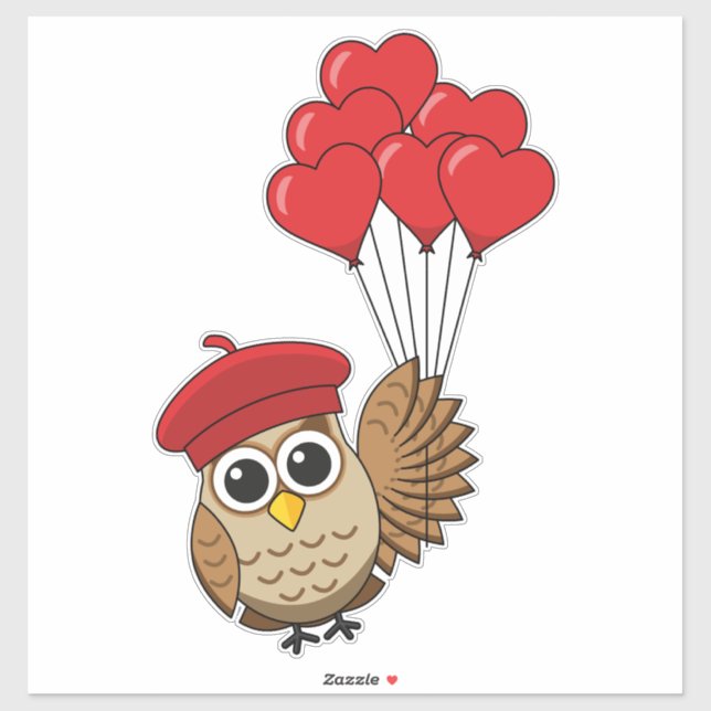 Pegatina Búho lindo volando con globos cardíacos (Hoja)