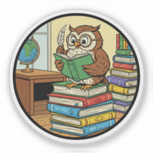 Pegatina Búho Sabio Leyendo Libros - Conocimiento y Sabidur