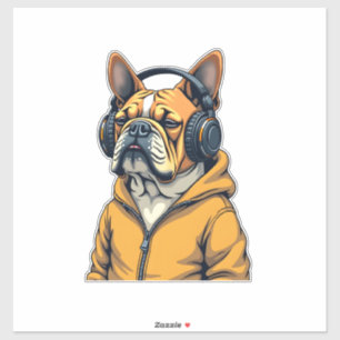 Pegatina Bulldog Antiguo con Auriculares con Capucha Música