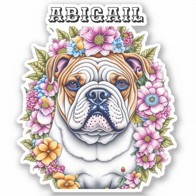 Pegatina Bulldog de arte Ai rodeado de flores musicales (Anverso)